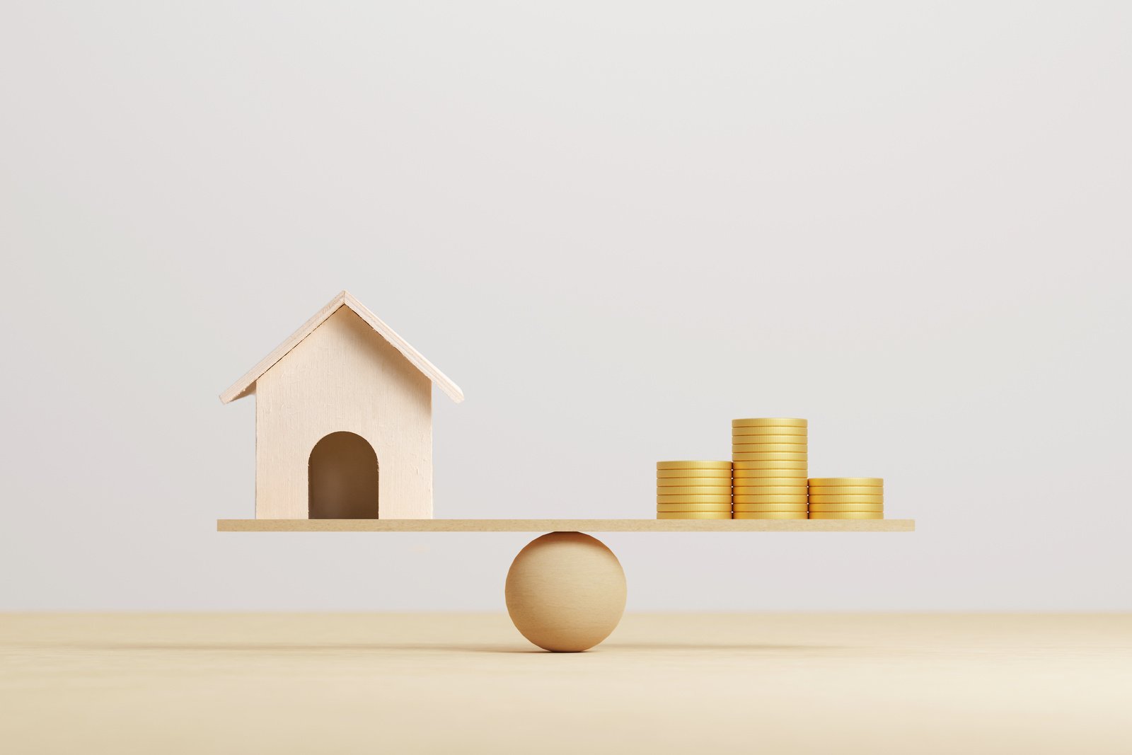 Mini House and Coins on Wood Scale